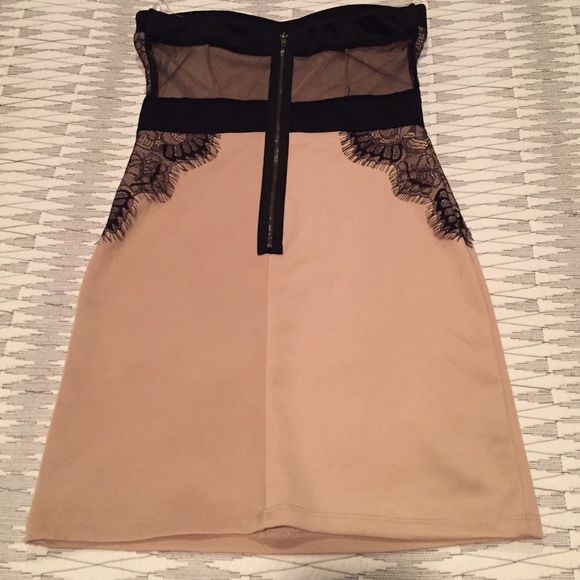 NWT Sexy Black Lace Trim Nude Bodycon Dress - Picture 2 of 4